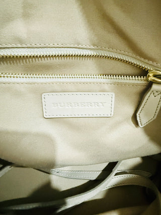 Burberry Eller Large Leather & Coated Smocked Check Canvas Tassel Handbag Tan