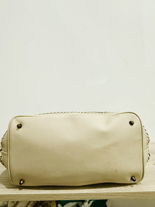 Burberry Eller Large Leather & Coated Smocked Check Canvas Tassel Handbag Tan