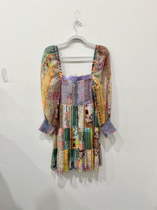 NWT Alice & Olivia Rowen Rowen Smocked Patchwork A-Line Dress Purple Multi XL