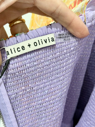 NWT Alice & Olivia Rowen Rowen Smocked Patchwork A-Line Dress Purple Multi XL