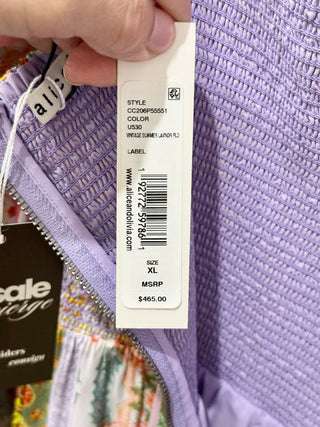 NWT Alice & Olivia Rowen Rowen Smocked Patchwork A-Line Dress Purple Multi XL