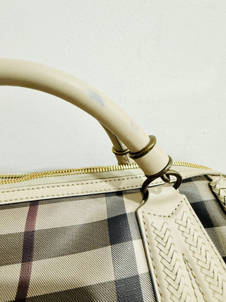 Burberry Eller Large Leather & Coated Smocked Check Canvas Tassel Handbag Tan