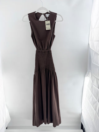 Sndys maxi dress featuring high neckline, flattering smocked waist, open-back detail, and flowing tiered skirt, S