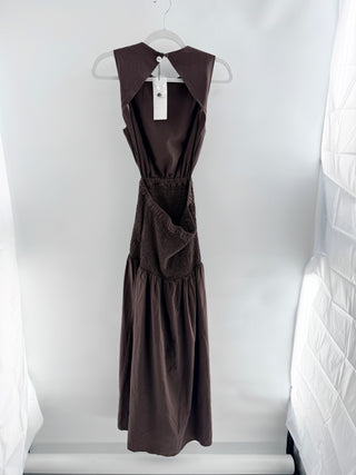 Sndys maxi dress featuring high neckline, flattering smocked waist, open-back detail, and flowing tiered skirt, S