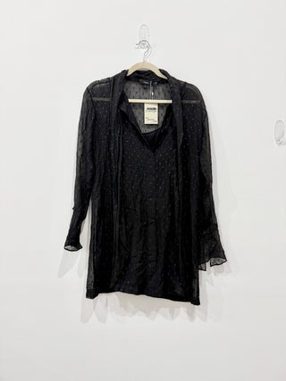 Theory Metallic Silk Scarf Bell Sleeve Mini Shirt Dress Black Women's Size 00