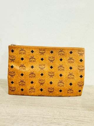 MCM Visetos Original Large Leather Zip Up Pouch Cognac