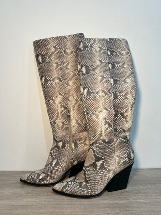 Dolce Vita Isobel Snake Print Leather Heeled Knee High Boots Beige Women's US 8.5