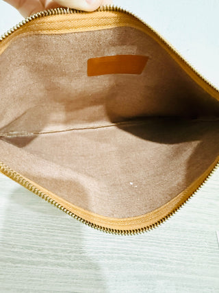 MCM Visetos Original Large Leather Zip Up Pouch Cognac