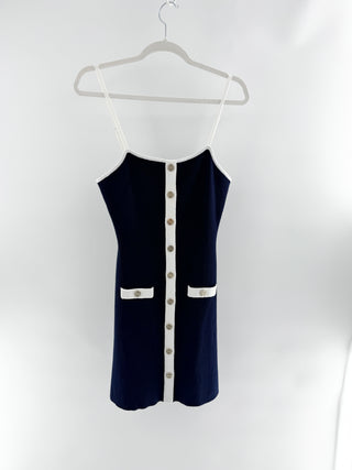 Maje knit mini dress with contrasting trim throughout, features square neckline, decorative front buttons, 6
