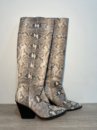 Dolce Vita Isobel Snake Print Leather Heeled Knee High Boots Beige Women's US 8.5