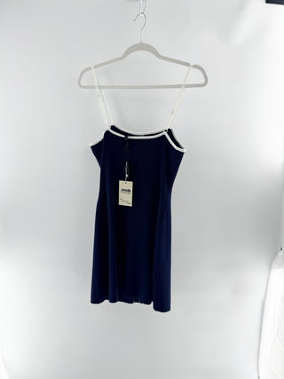 Maje knit mini dress with contrasting trim throughout, features square neckline, decorative front buttons, 6