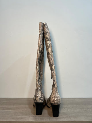 Dolce Vita Isobel Snake Print Leather Heeled Knee High Boots Beige Women's US 8.5