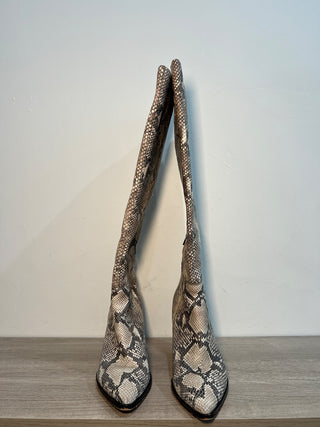 Dolce Vita Isobel Snake Print Leather Heeled Knee High Boots Beige Women's US 8.5