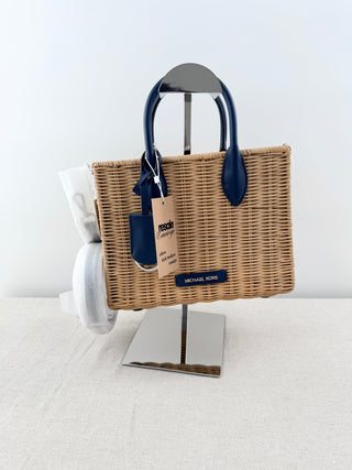 NWT Michael Kors Mirella Wicker Small Crossbody Shopper Tote Bag Beige Navy