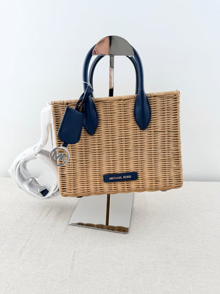 NWT Michael Kors Mirella Wicker Small Crossbody Shopper Tote Bag Beige Navy