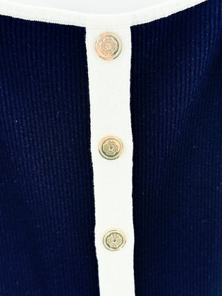 Maje knit mini dress with contrasting trim throughout, features square neckline, decorative front buttons, 6