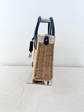NWT Michael Kors Mirella Wicker Small Crossbody Shopper Tote Bag Beige Navy