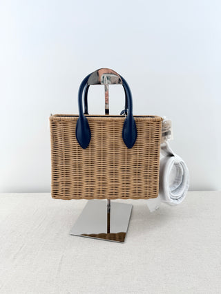 NWT Michael Kors Mirella Wicker Small Crossbody Shopper Tote Bag Beige Navy