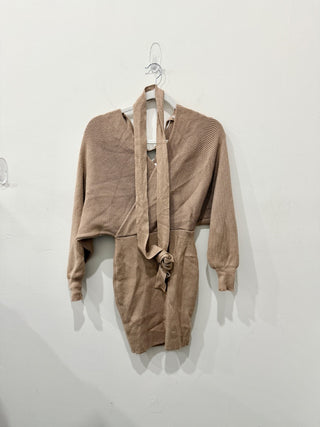 Showpo Don't Fall Down Long Sleeve Faux Wrap Knit Mini Dress Camel Womens Size 2