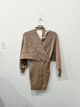 Showpo Don't Fall Down Long Sleeve Faux Wrap Knit Mini Dress Camel Womens Size 2