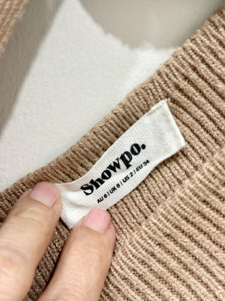 Showpo Don't Fall Down Long Sleeve Faux Wrap Knit Mini Dress Camel Womens Size 2