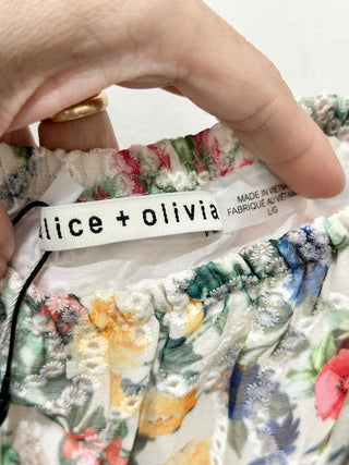 NWT Alice & Olivia Rowa Floral Eyelet Puff Sleeve Square Neck Blouse White Large