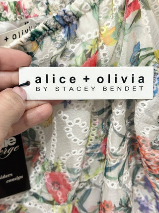 NWT Alice & Olivia Rowa Floral Eyelet Puff Sleeve Square Neck Blouse White Large