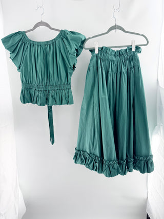 Free People two-piece cotton set featuring bring the bubble top, designed with dramatic ruffled cap sleeves, V-neckline, paired with matching favorite part midi skirt, top M / bottom XS