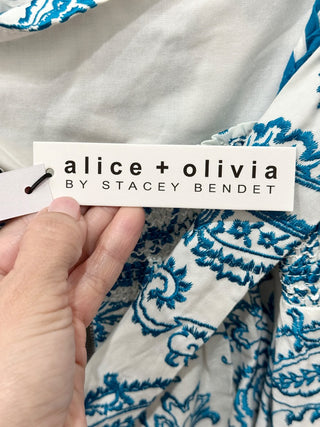 NWT Alice & Olivia Khira Embroidered Voile Mini Dress White/Blue Women's Size 12