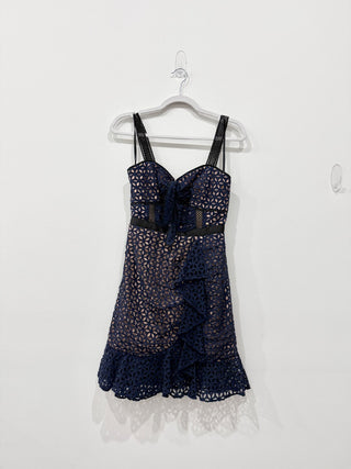 Self-Portrait Sweetheart Tie Ruffled Broderie Eyelet Mini Dress Navy Women's 2