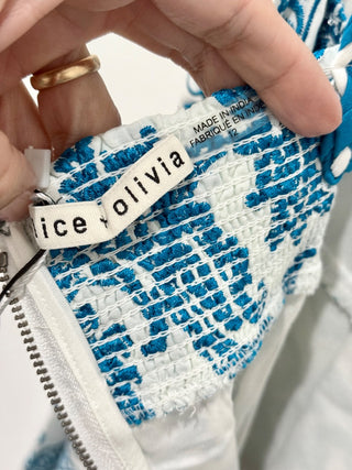 NWT Alice & Olivia Khira Embroidered Voile Mini Dress White/Blue Women's Size 12