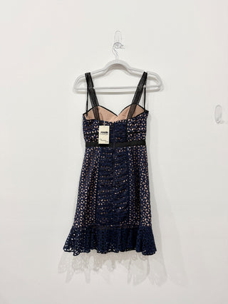 Self-Portrait Sweetheart Tie Ruffled Broderie Eyelet Mini Dress Navy Women's 2