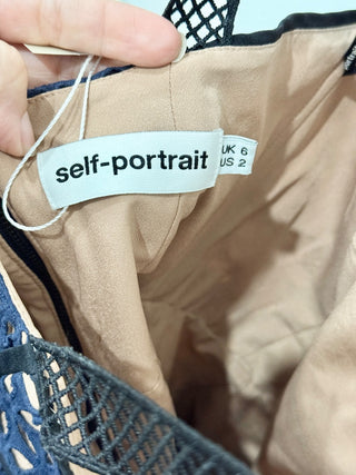 Self-Portrait Sweetheart Tie Ruffled Broderie Eyelet Mini Dress Navy Women's 2