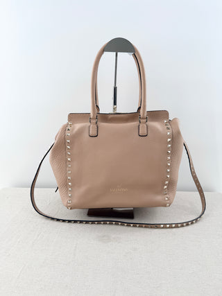 NWOT Valentino Pebble Leather Rock Stud Medium Tote Handbag with Long Strap Nude