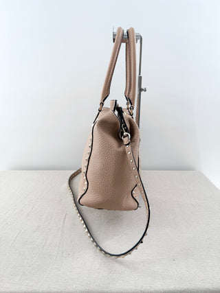 NWOT Valentino Pebble Leather Rock Stud Medium Tote Handbag with Long Strap Nude