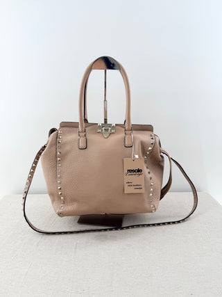 NWOT Valentino Pebble Leather Rock Stud Medium Tote Handbag with Long Strap Nude