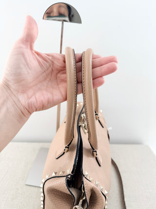 NWOT Valentino Pebble Leather Rock Stud Medium Tote Handbag with Long Strap Nude