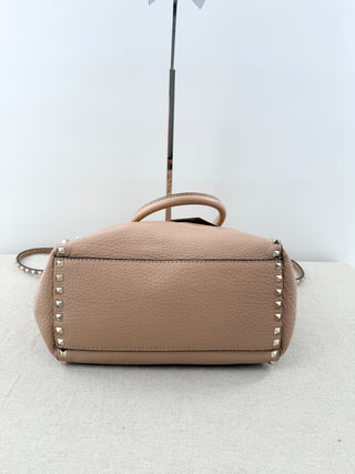 NWOT Valentino Pebble Leather Rock Stud Medium Tote Handbag with Long Strap Nude