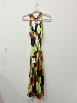 NWT Another Girl Satin Circle Trim Halter Midi Slip Dress Green/Brown Women's 6