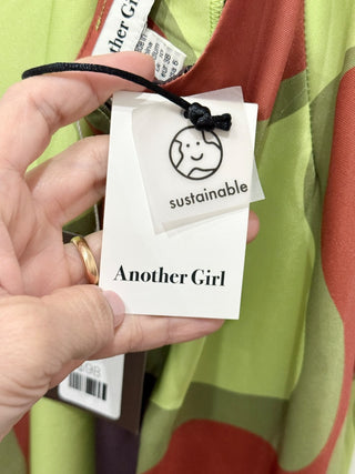 NWT Another Girl Satin Circle Trim Halter Midi Slip Dress Green/Brown Women's 6