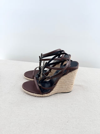Saint Laurent leather and raffia wedge sandals with metal YSL logo, 37