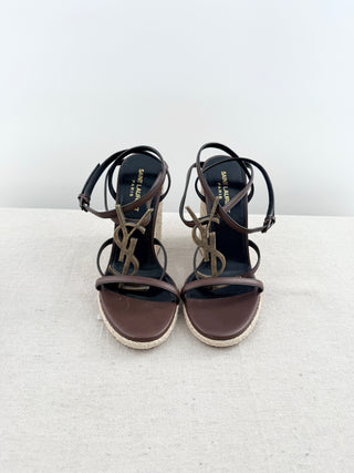 Saint Laurent leather and raffia wedge sandals with metal YSL logo, 37