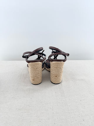 Saint Laurent leather and raffia wedge sandals with metal YSL logo, 37