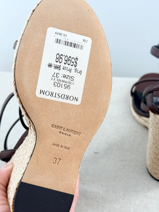 Saint Laurent leather and raffia wedge sandals with metal YSL logo, 37