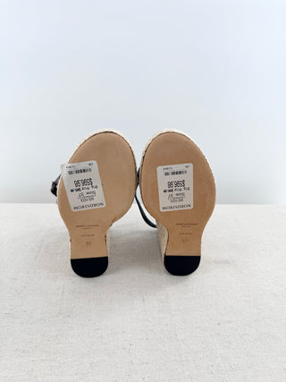 Saint Laurent leather and raffia wedge sandals with metal YSL logo, 37