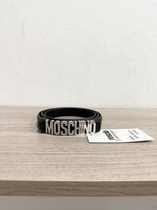 Moschino thin leather belt with silver buckle, 44 IT / US 8