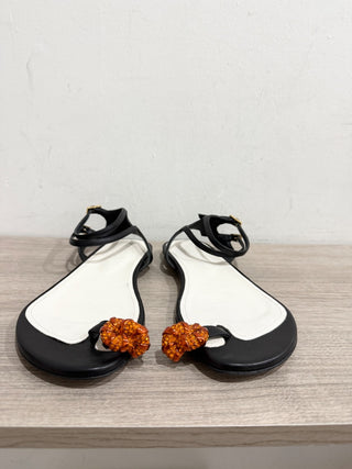 Lanvin Swing Melodie 45 Leather Ankle Strap Flat Sandal Black White Womens EU 36