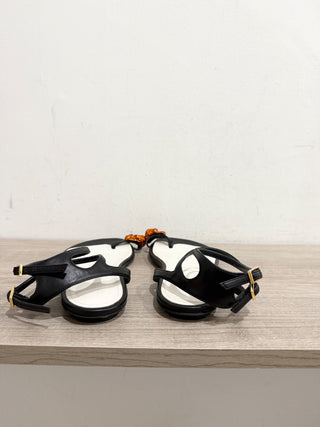 Lanvin Swing Melodie 45 Leather Ankle Strap Flat Sandal Black White Womens EU 36