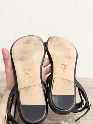 Lanvin Swing Melodie 45 Leather Ankle Strap Flat Sandal Black White Womens EU 36
