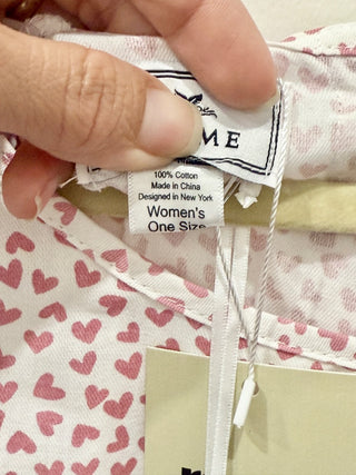 Plume 100% Cotton Heart Print Hospital Gown White and Pink Women's One Size